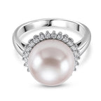 D'Joy - AAA White Edison Pearl (12-13mm) & Lab Grown Diamond Halo Ring in Rhodium Overlay Sterling Silver_8619492