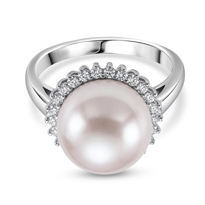 D'Joy - AAA White Edison Pearl (12-13mm) &amp; Lab Grown Diamond Halo Ring in Rhodium Overlay Sterling Silver 8619492 1