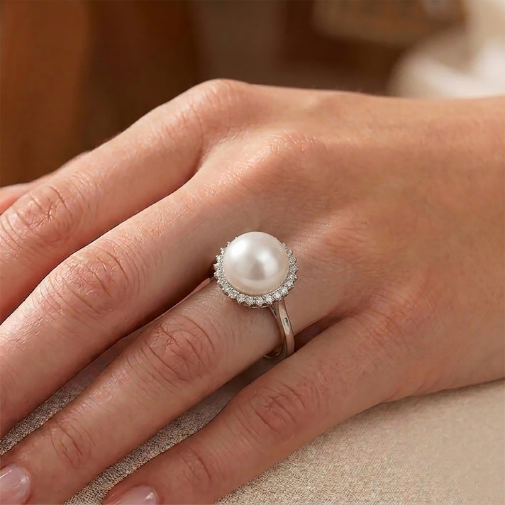 D'Joy - AAA White Edison Pearl (12-13mm) &amp; Lab Grown Diamond Halo Ring in Rhodium Overlay Sterling Silver 8619492 2