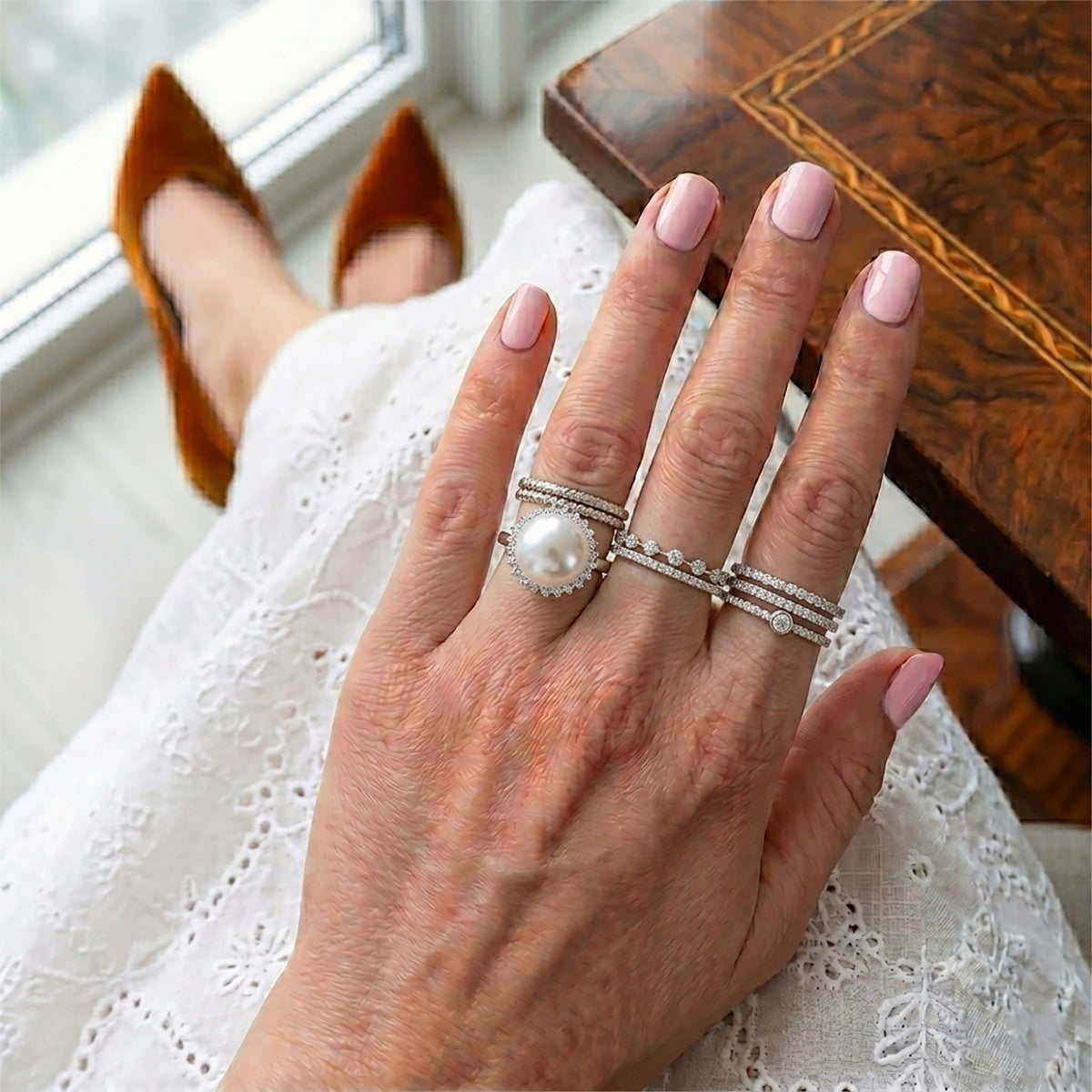 D'Joy - AAA White Edison Pearl (12-13mm) &amp; Lab Grown Diamond Halo Ring in Rhodium Overlay Sterling Silver 8619492 3