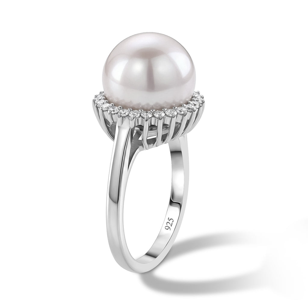 D'Joy - AAA White Edison Pearl (12-13mm) & Lab Grown Diamond Halo Ring in Rhodium Overlay Sterling Silver_8619492_3