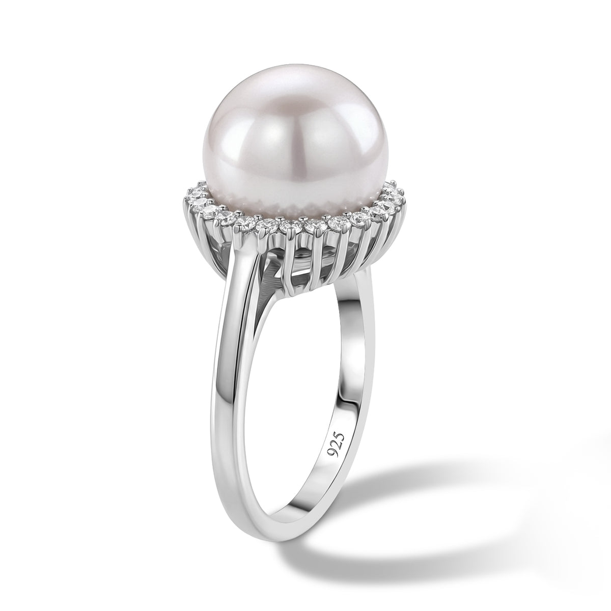 D'Joy - AAA White Edison Pearl (12-13mm) &amp; Lab Grown Diamond Halo Ring in Rhodium Overlay Sterling Silver 8619492 4
