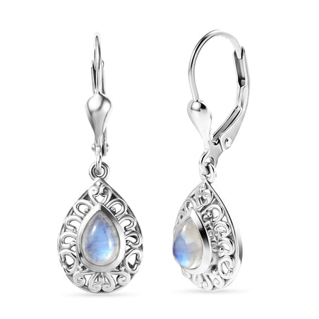 D'Joy - Rainbow Moonstone Pear Cut Solitaire Earring with Lever Back in Rhodium Overlay Sterling Silver 1.10 Ct. 8619875 1