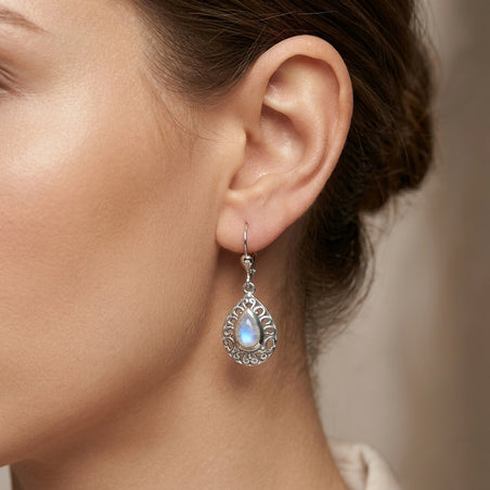 D'Joy - Rainbow Moonstone Pear Cut Solitaire Earring with Lever Back in Rhodium Overlay Sterling Silver 1.10 Ct. 8619875 2