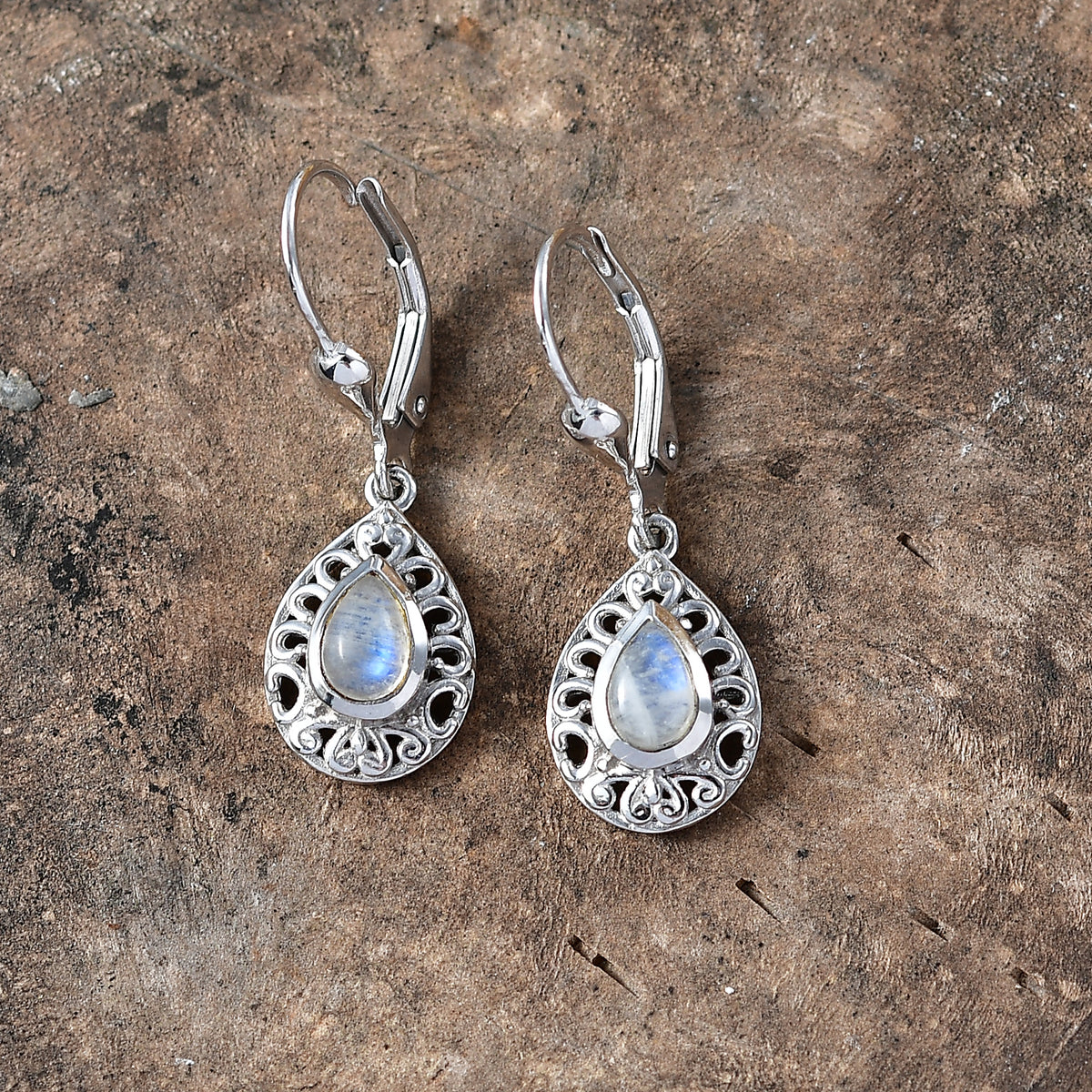 D'Joy - Rainbow Moonstone Pear Cut Solitaire Earring with Lever Back in Rhodium Overlay Sterling Silver 1.10 Ct. V32668456 3