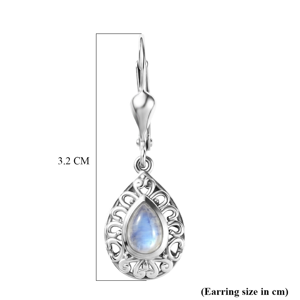 D'Joy - Rainbow Moonstone Pear Cut Solitaire Earring with Lever Back in Rhodium Overlay Sterling Silver 1.10 Ct. V32668456 6