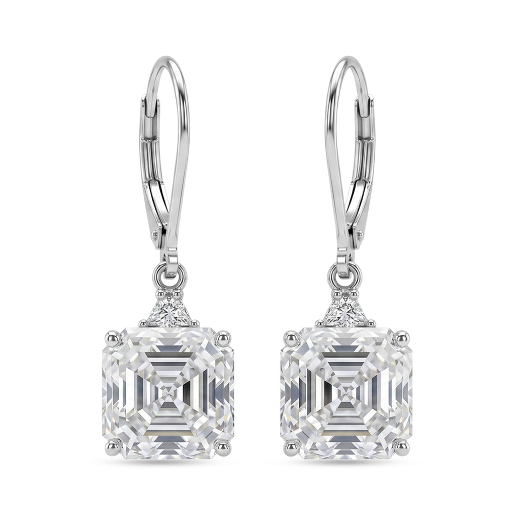 The Royal Asscher Commission - Moissanite Earrings with Lever Backs in Rhodium Overlay Sterling Silver 6.06 Ct._8619935
