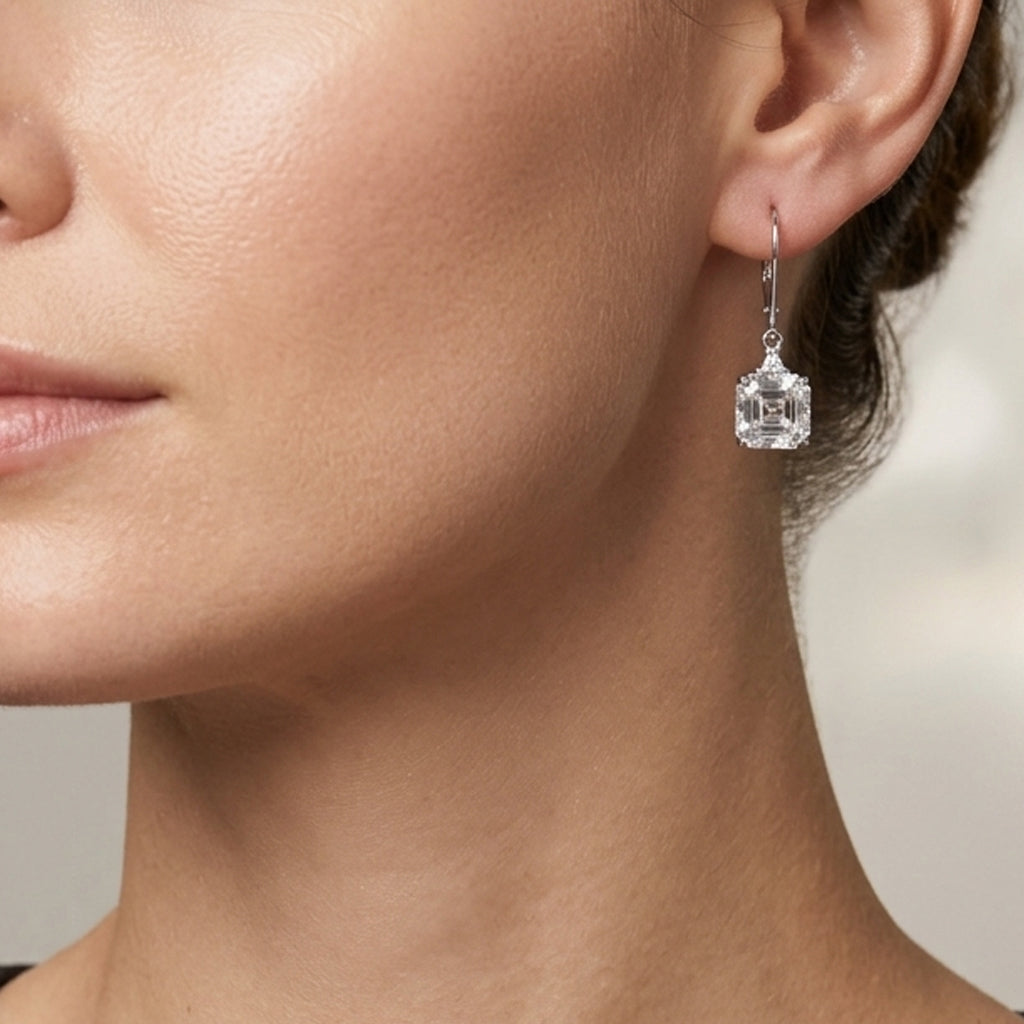 The Royal Asscher Commission - Moissanite Earrings with Lever Backs in Rhodium Overlay Sterling Silver 6.06 Ct. V32522078 1