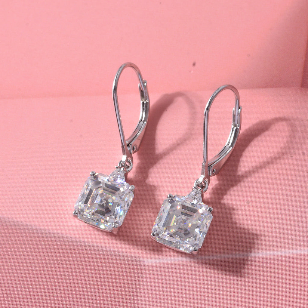 The Royal Asscher Commission - Moissanite Earrings with Lever Backs in Rhodium Overlay Sterling Silver 6.06 Ct._8619935_2