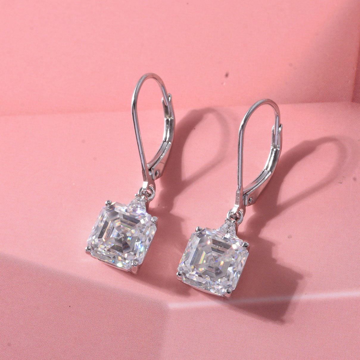 The Royal Asscher Commission - Moissanite Earrings with Lever Backs in Rhodium Overlay Sterling Silver 6.06 Ct. V32522078 2