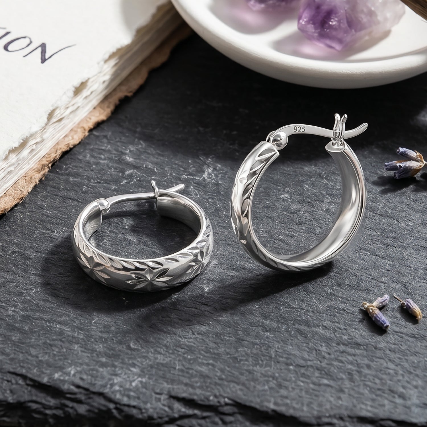 Floral Engraved Hoop Earrings in Sterling Silver V32515914 3