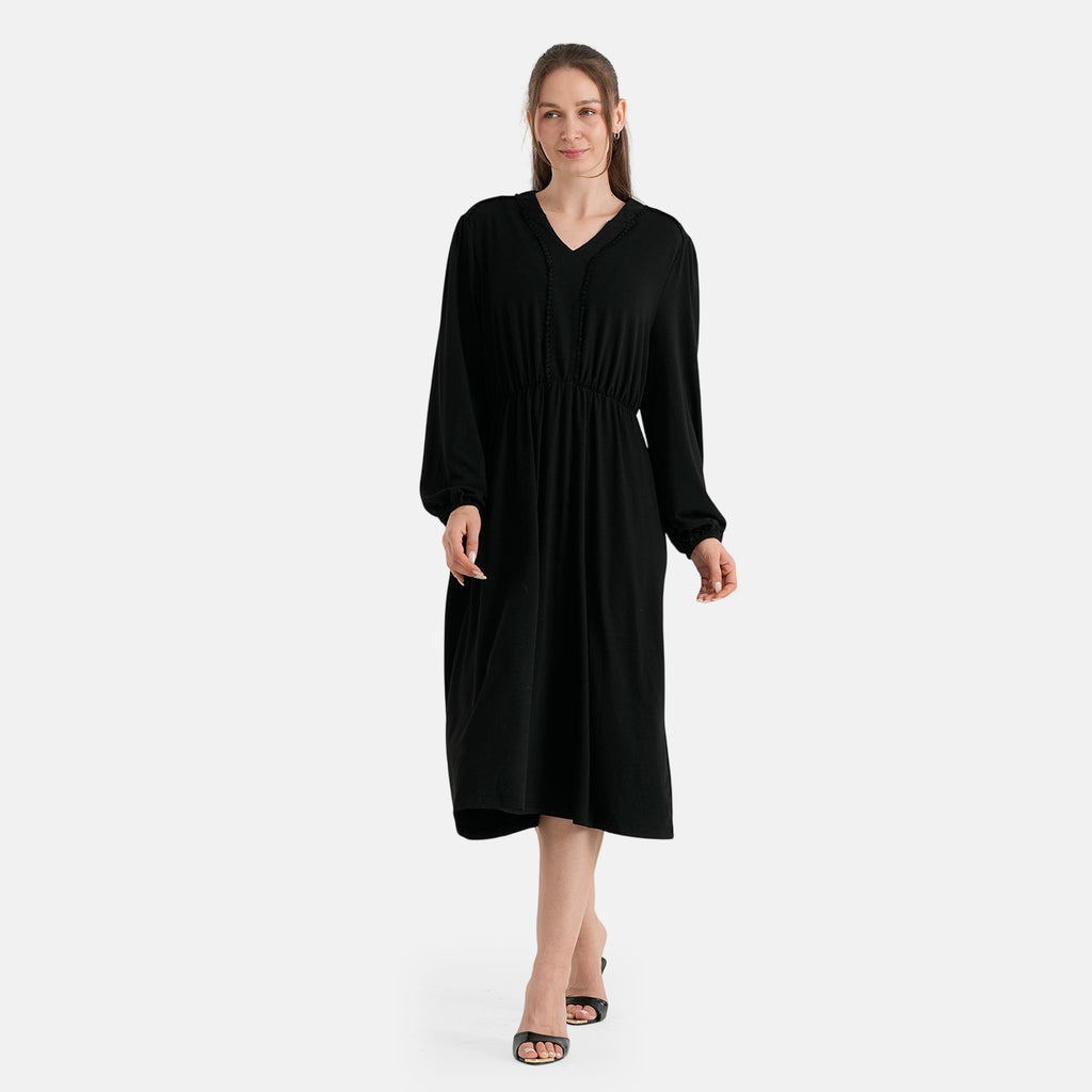 La Marey Soft Drape V-Neck Midi Dress with Trim Detail (Size XL, 20-22) - Black_8620856