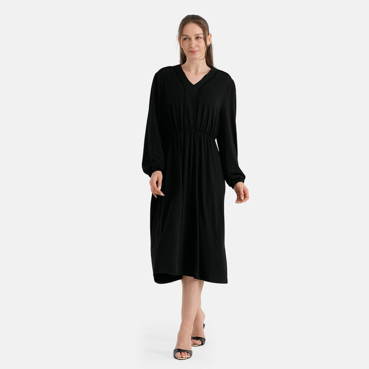 La Marey Soft Drape V-Neck Midi Dress with Trim Detail (Size XL, 20-22) - Black 8620856 0