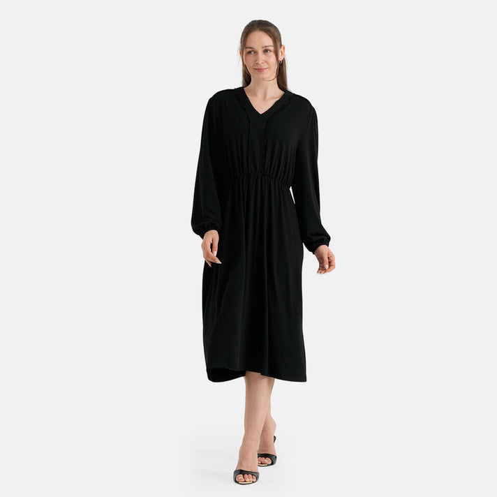 La Marey Soft Drape V-Neck Midi Dress with Trim Detail (Size XL, 20-22) - Black 8620856 1