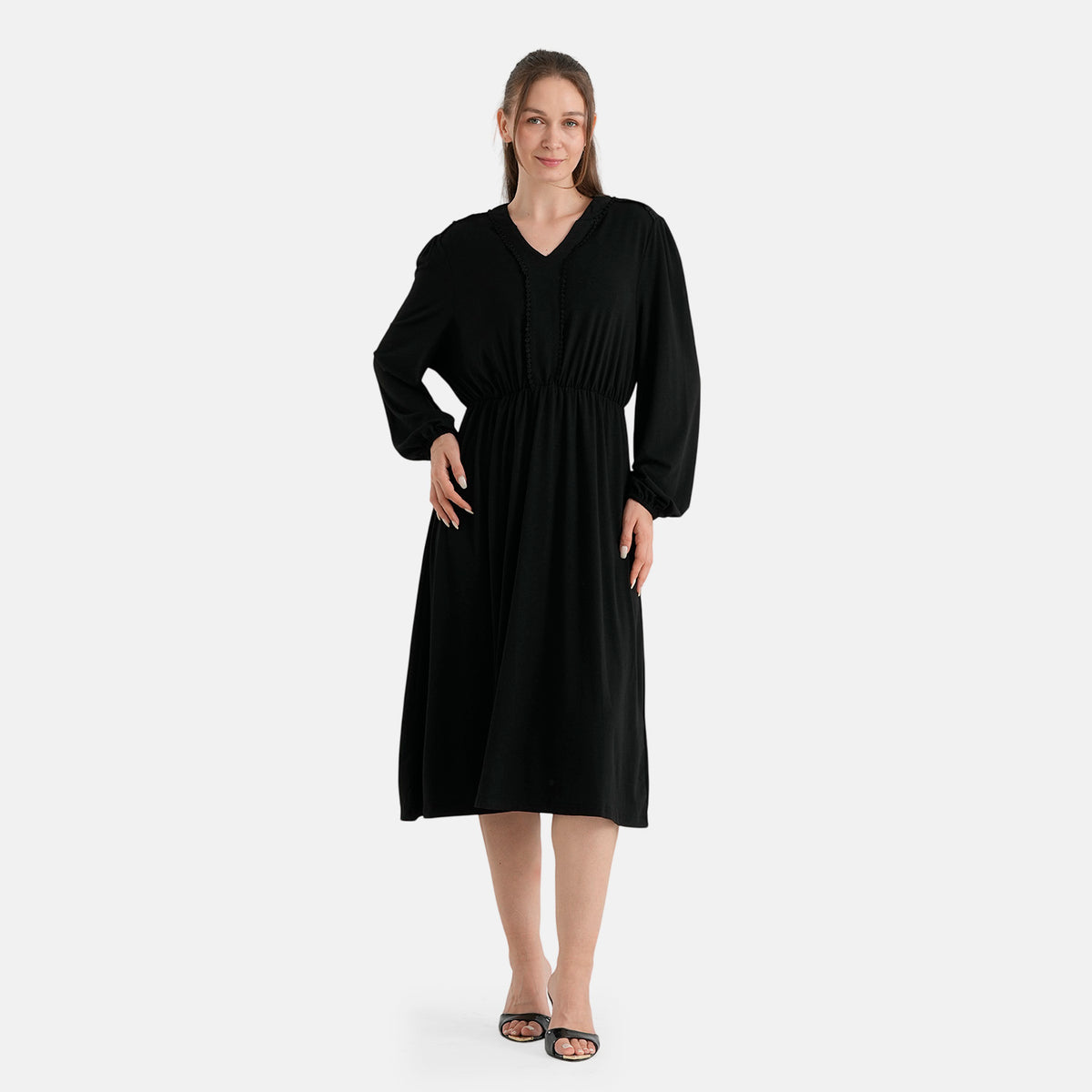 La Marey Soft Drape V-Neck Midi Dress with Trim Detail (Size XL, 20-22) - Black 8620856 4