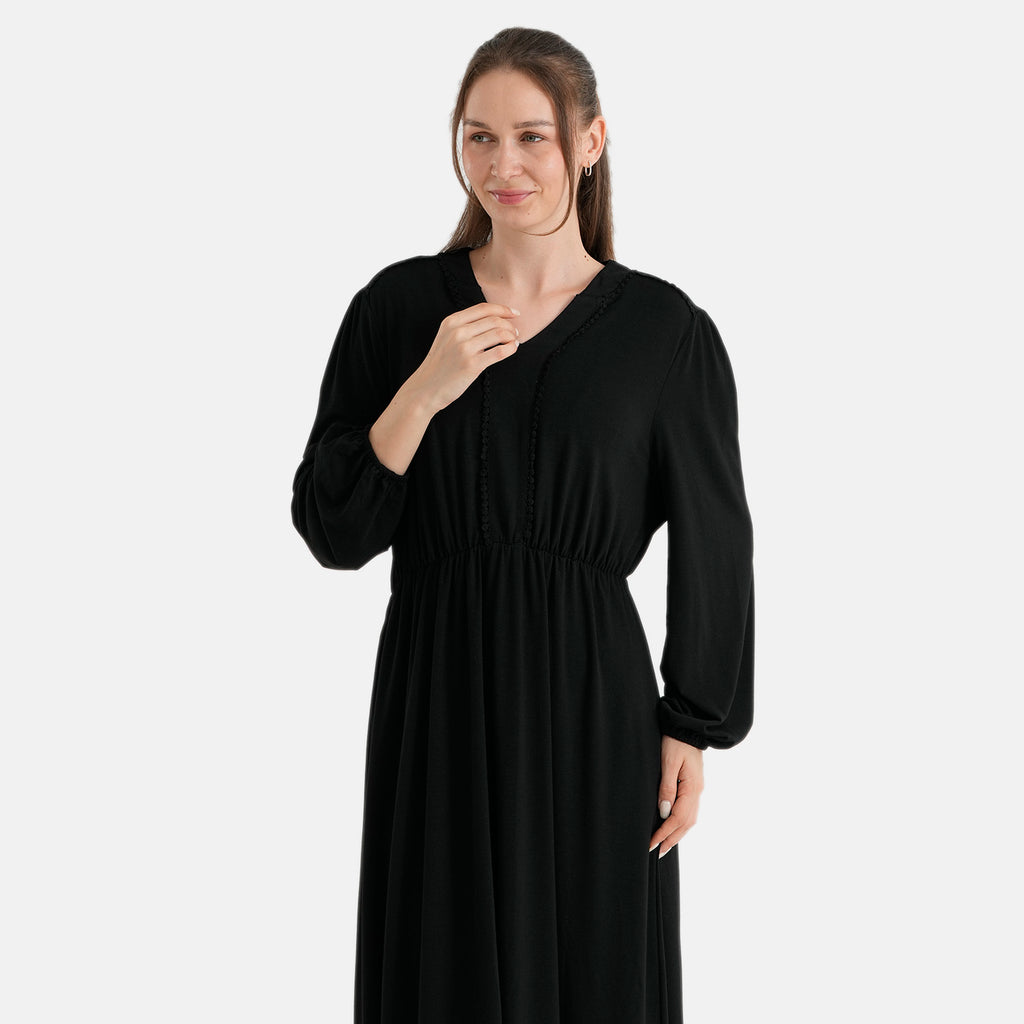 La Marey Soft Drape V-Neck Midi Dress with Trim Detail (Size XL, 20-22) - Black_8620856_5