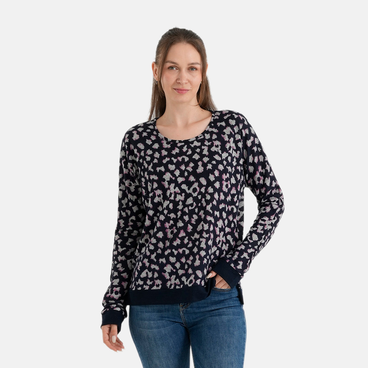 La Marey Womens Brushed Knit Printed Long Sleeve Top (Size S-M, 8-14) - Navy Blue &amp; Pink 8620930 0