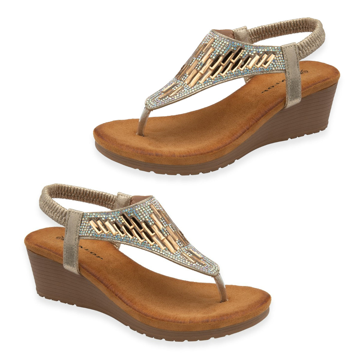 Dunlop Womens Abigail Toe Post Wedge Sandals With Elasticated Ankle Strap (Size 7) - Light Gold V32523313 0