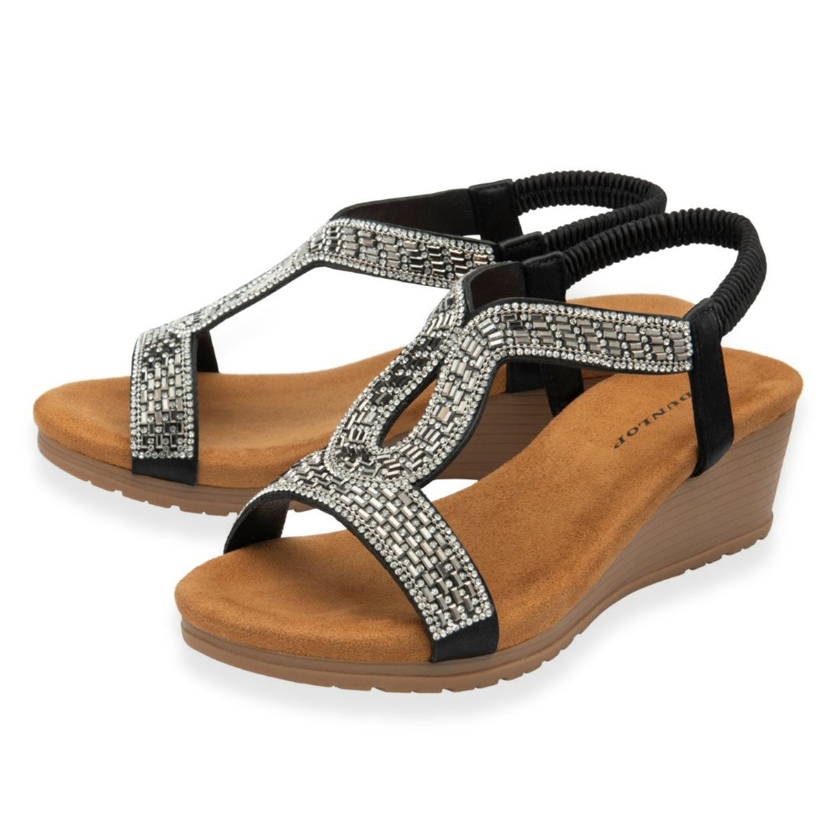 Dunlop Womens Verona Diamante T-Bar Strap Open-Toe Wedge Sandals With Elasticated Slingback (Size 6) - Black V32523306 1