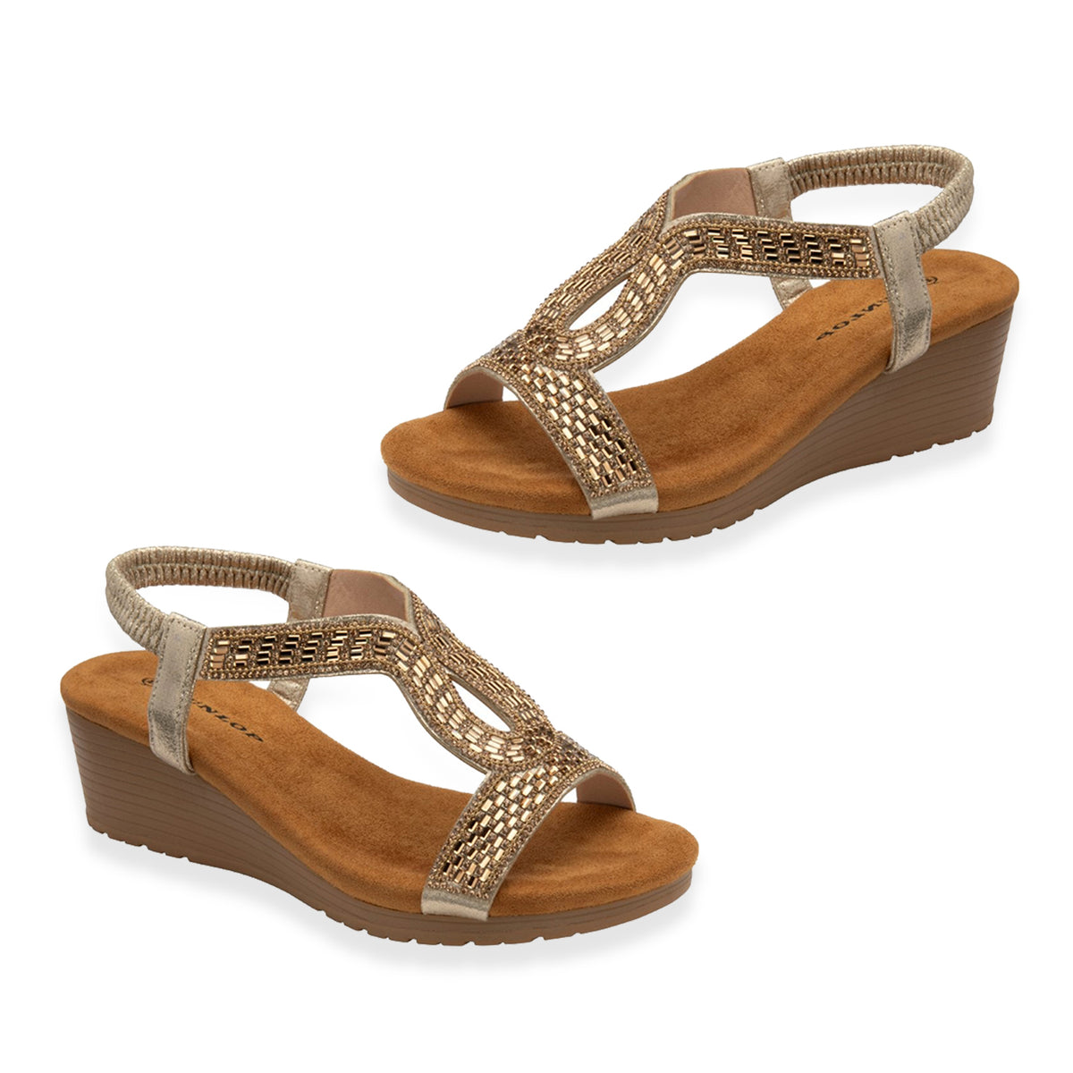 Dunlop Womens Verona Diamante T-Bar Strap Open-Toe Wedge Sandals With Elasticated Slingback (Size 7) - Light Gold V32523793 0