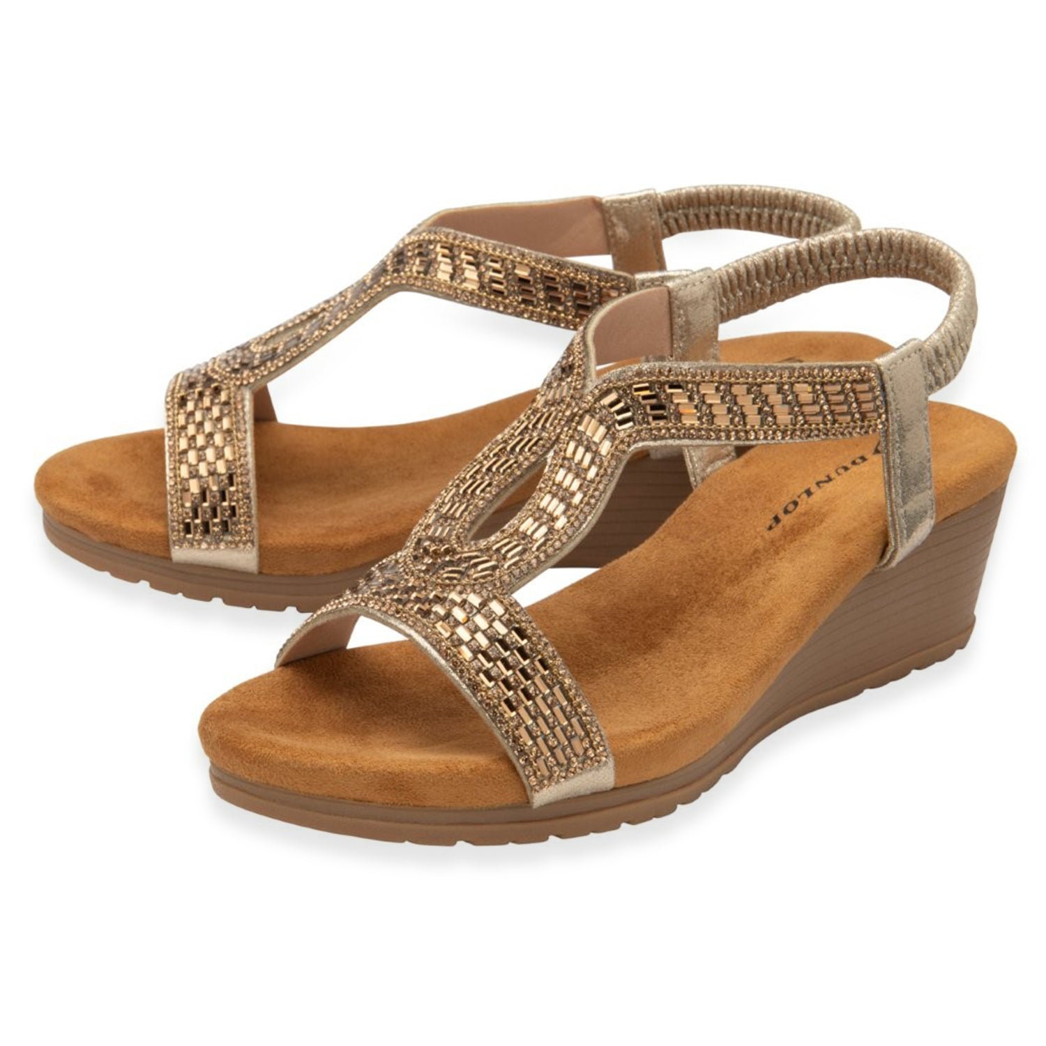 Dunlop Womens Verona Diamante T-Bar Strap Open-Toe Wedge Sandals With Elasticated Slingback (Size 7) - Light Gold V32523793 1