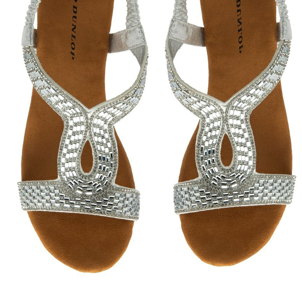 Dunlop Womens Verona Diamante T-Bar Strap Open-Toe Wedge Sandals With Elasticated Slingback (Size 4) - Silver_8621133_2