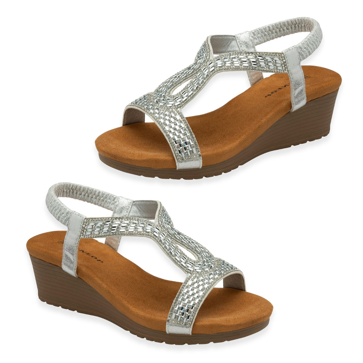 Dunlop Womens Verona Diamante T-Bar Strap Open-Toe Wedge Sandals With Elasticated Slingback (Size 5) - Silver V32524182 0