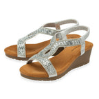 Dunlop Womens Verona Diamante T-Bar Strap Open-Toe Wedge Sandals With Elasticated Slingback (Size 8) - Silver_8621137_1