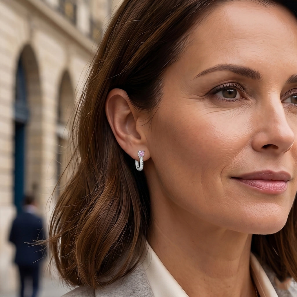 D'Joy - Pink Moissanite &amp; Moissanite Hoop Earring with Clasp in Rhodium Overlay Sterling Silver 1.14 Ct. V32520345 1