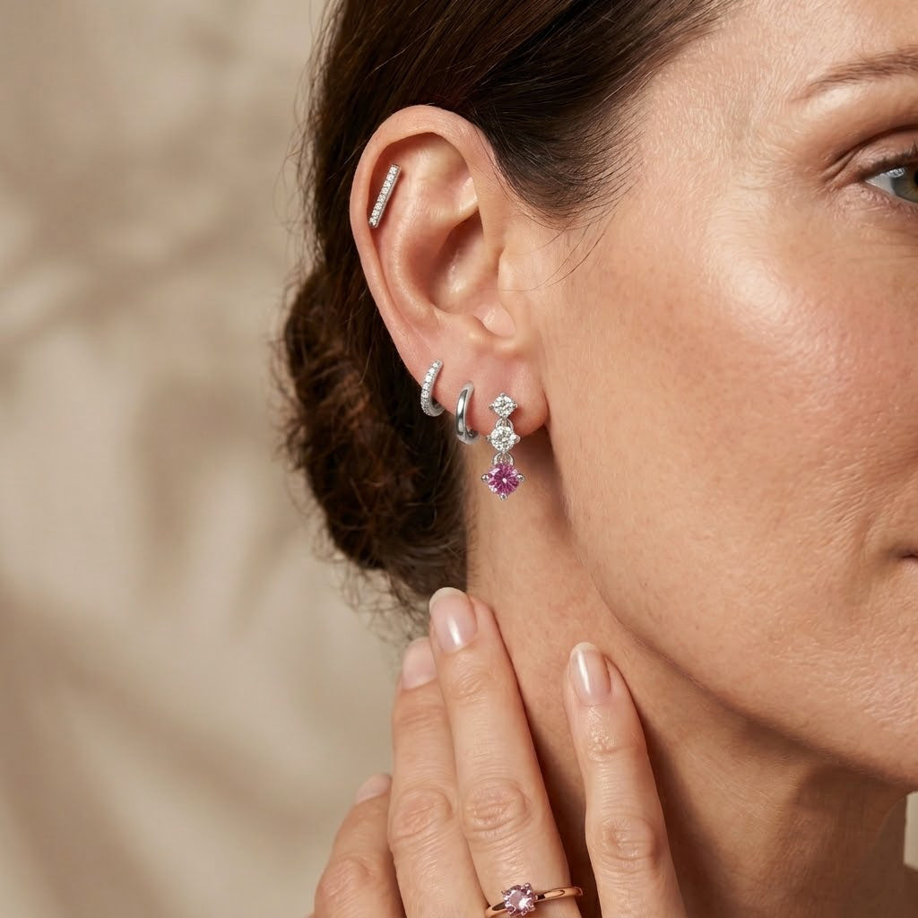 D'Joy - Pink Moissanite &amp; Moissanite Drop Earring with Push Back in Rhodium Overlay Sterling Silver V32515321 2