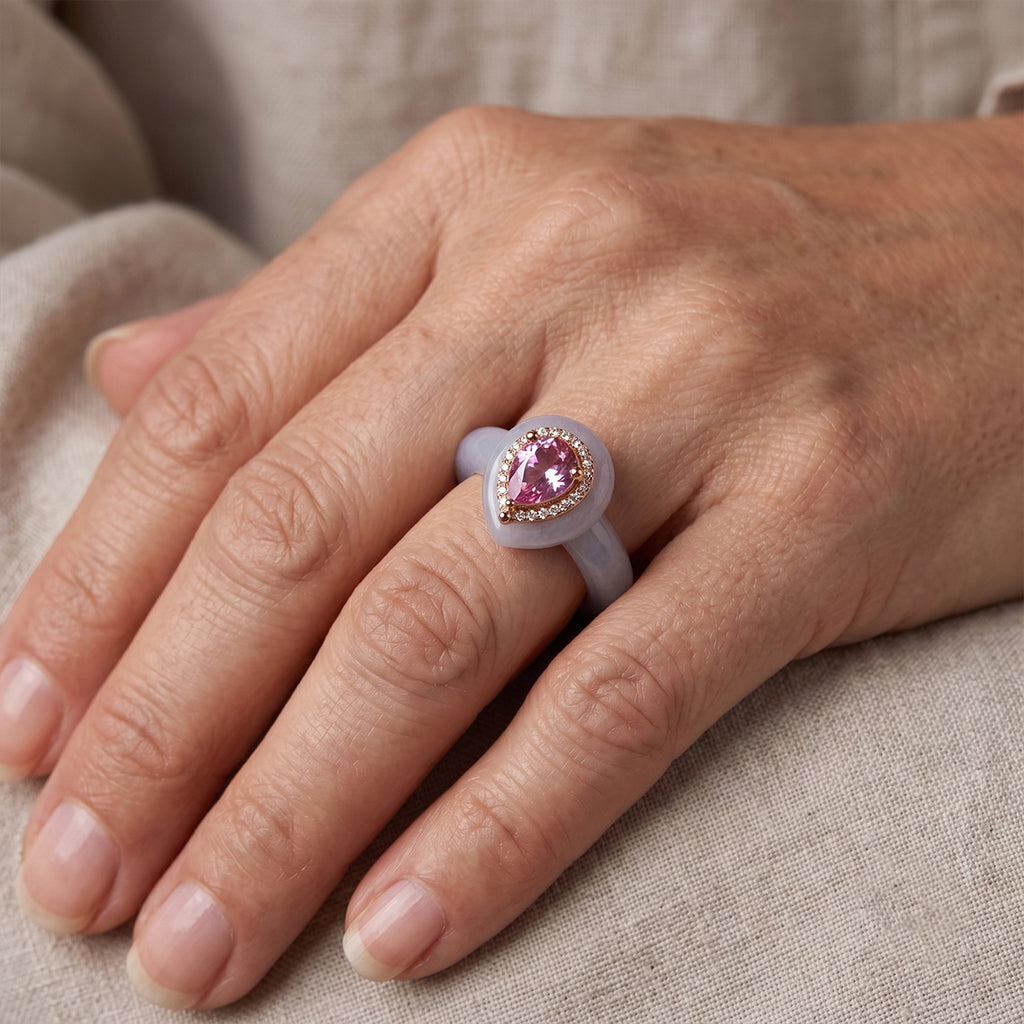 D'Joy - Pink Moissanite, White Moissanite with White Jade Classic Ring in Rose Gold Plated Sterling Silver 22.37 Ct._8622179_1