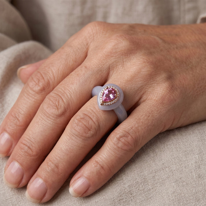 D'Joy - Pink Moissanite, White Moissanite with White Jade Classic Ring in Rose Gold Plated Sterling Silver 22.37 Ct. 8622179 2