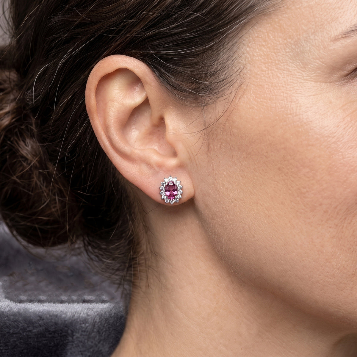 D'Joy - Pink Moissanite &amp; Moissanite Halo Earring with Push Back in Rhodium Overlay Sterling Silver 1.32 Ct. V32514952 1