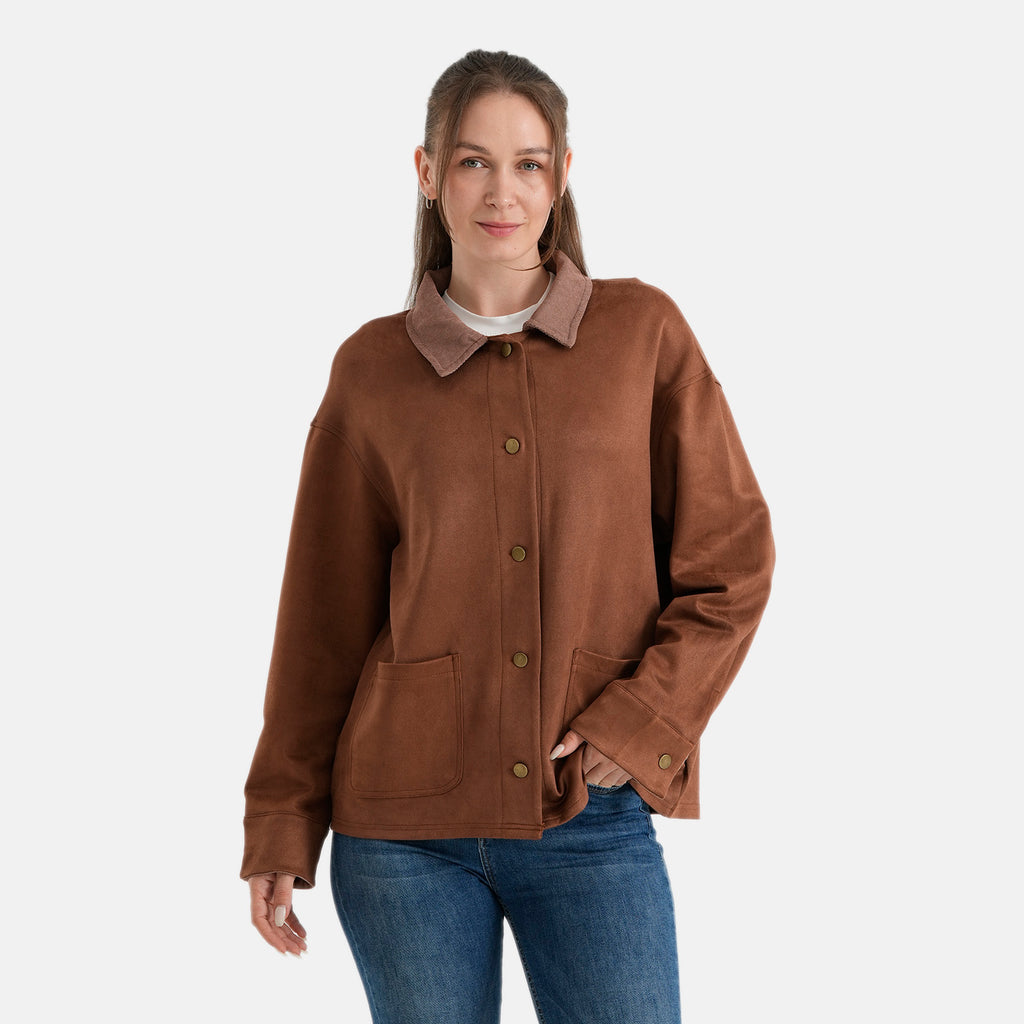 La Marey Womens Button-Through Shacket with Contrast Collar (Size S/M, 8-14) - Chocolate_8622224