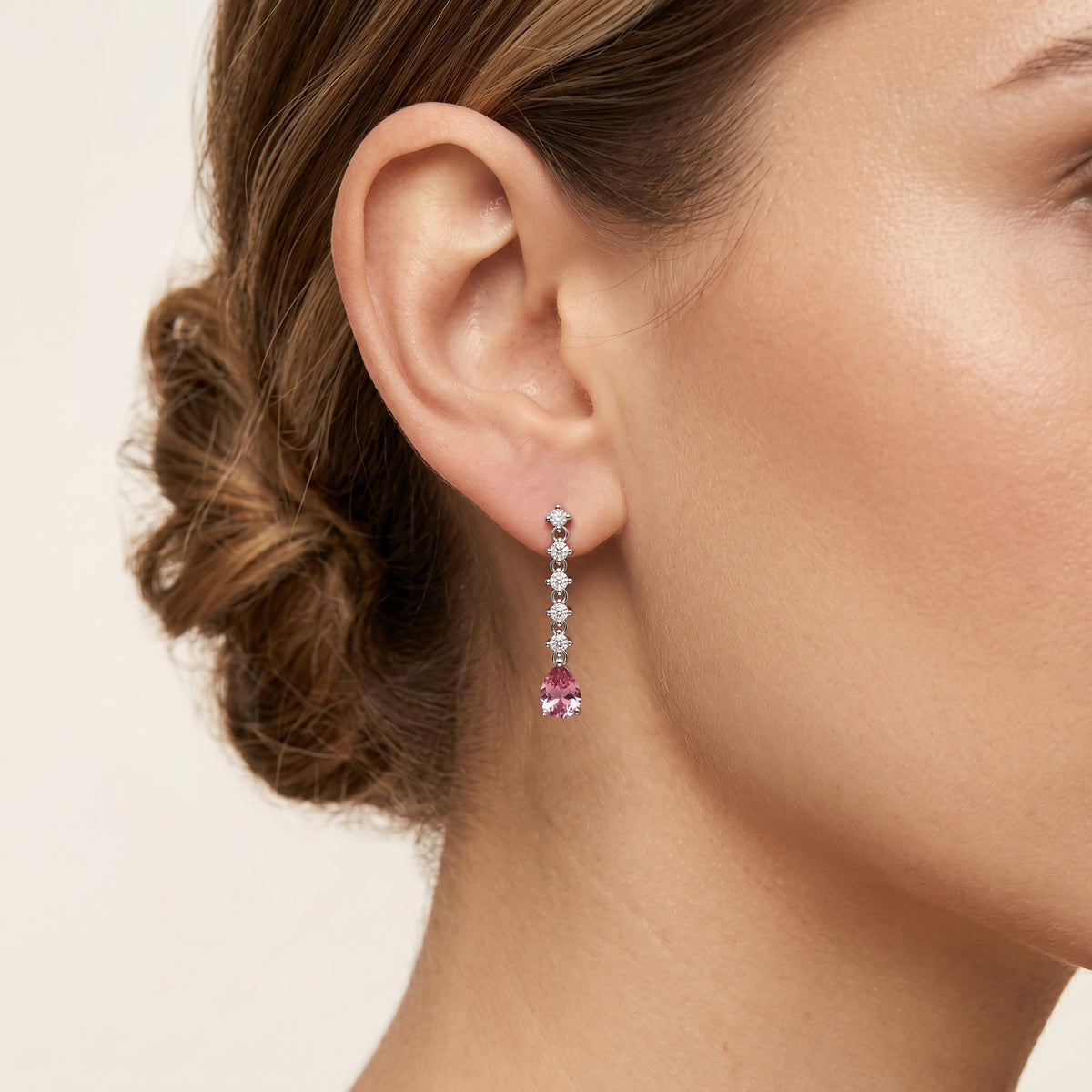 D'Joy - Pink Moissanite &amp; Moissanite Drop Earring with Push Back in Rhodium Overlay Sterling Silver 3.00 Ct. V32569976 1
