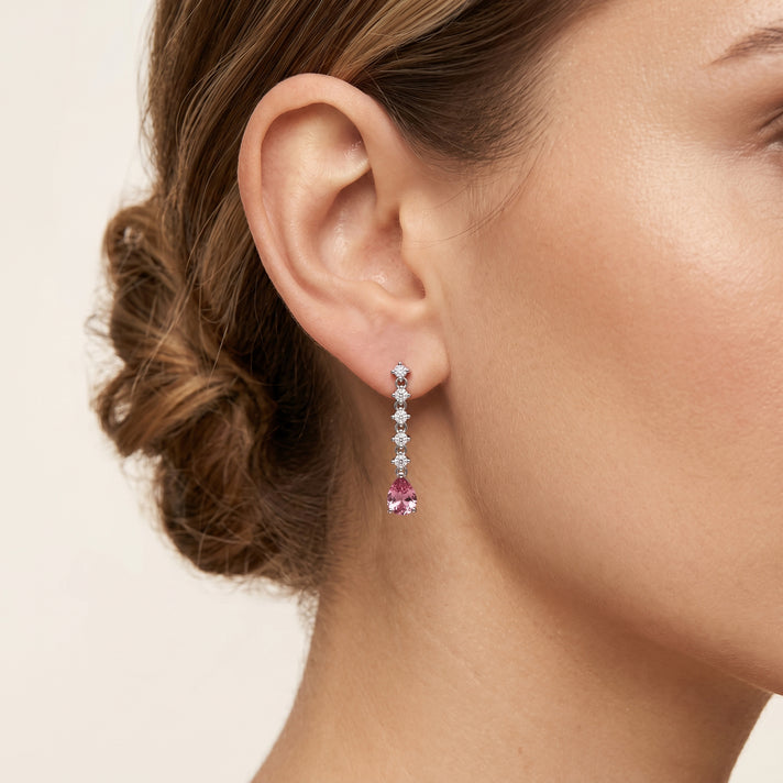 D'Joy - Pink Moissanite &amp; Moissanite Drop Earring with Push Back in Rhodium Overlay Sterling Silver 3.00 Ct. 8622268 2