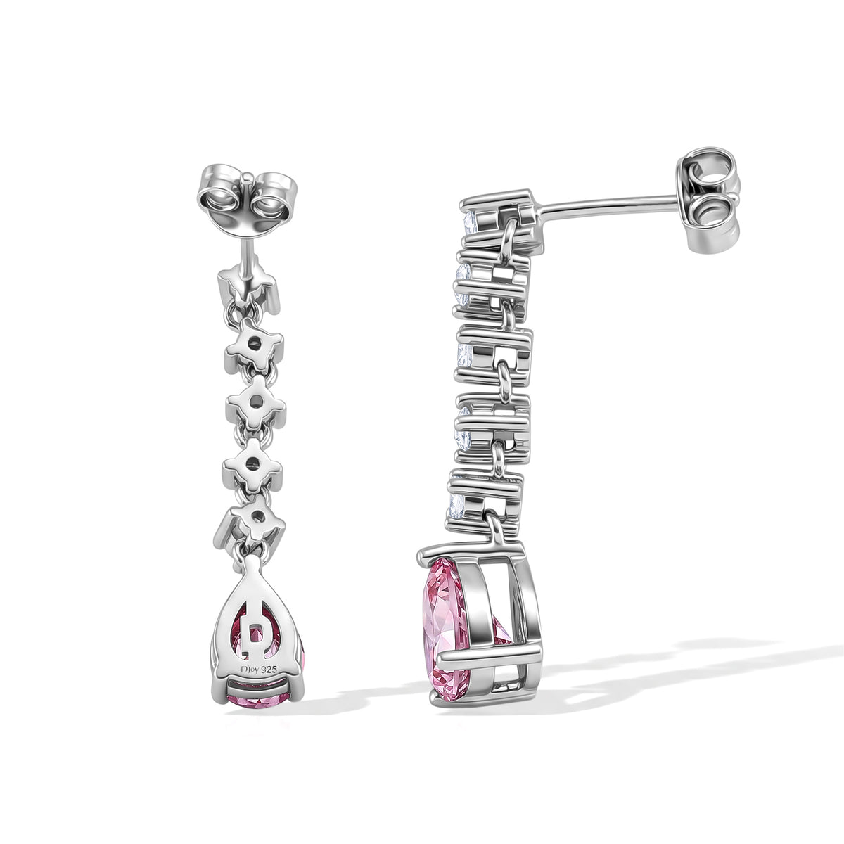 D'Joy - Pink Moissanite &amp; Moissanite Drop Earring with Push Back in Rhodium Overlay Sterling Silver 3.00 Ct. V32569976 3