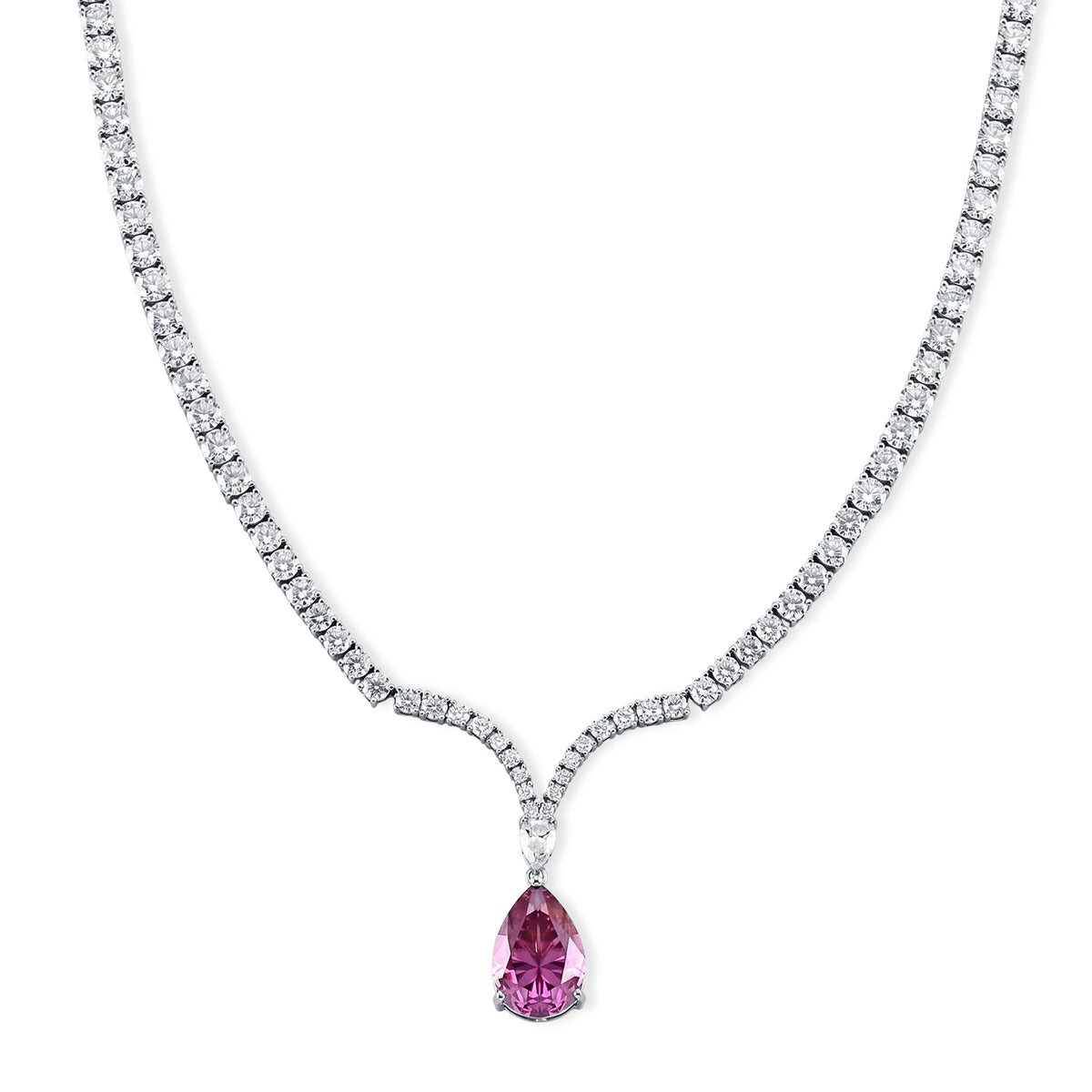 D'Joy - Pink Moissanite &amp; Moissanite Drop Necklace (Size - 18) in Rhodium Overlay Sterling Silver 52.38 Ct, Silver Wt. 28.00 Gms V32575198 0