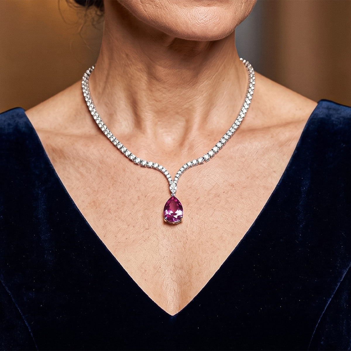 D'Joy - Pink Moissanite &amp; Moissanite Drop Necklace (Size - 18) in Rhodium Overlay Sterling Silver 52.38 Ct, Silver Wt. 28.00 Gms V32575198 1