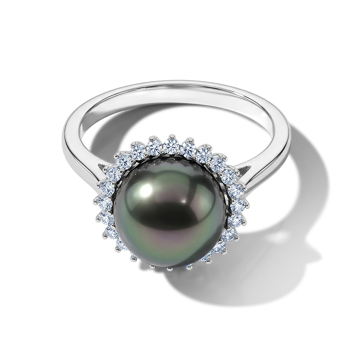 D'Joy - Tahitian Pearl (10-11mm) &amp; Lab Grown Diamond Halo Ring in Rhodium Overlay Sterling Silver 8.10 Ct. V32601589 0