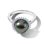 D'Joy - Tahitian Pearl (10-11mm) & Lab Grown Diamond Halo Ring in Rhodium Overlay Sterling Silver 8.10 Ct._8622316