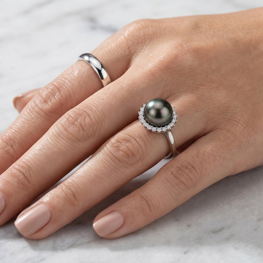 D'Joy - Tahitian Pearl (10-11mm) & Lab Grown Diamond Halo Ring in Rhodium Overlay Sterling Silver 8.10 Ct._8622316_1
