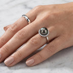 D'Joy - Tahitian Pearl (10-11mm) & Lab Grown Diamond Halo Ring in Rhodium Overlay Sterling Silver 8.10 Ct._8622316_1