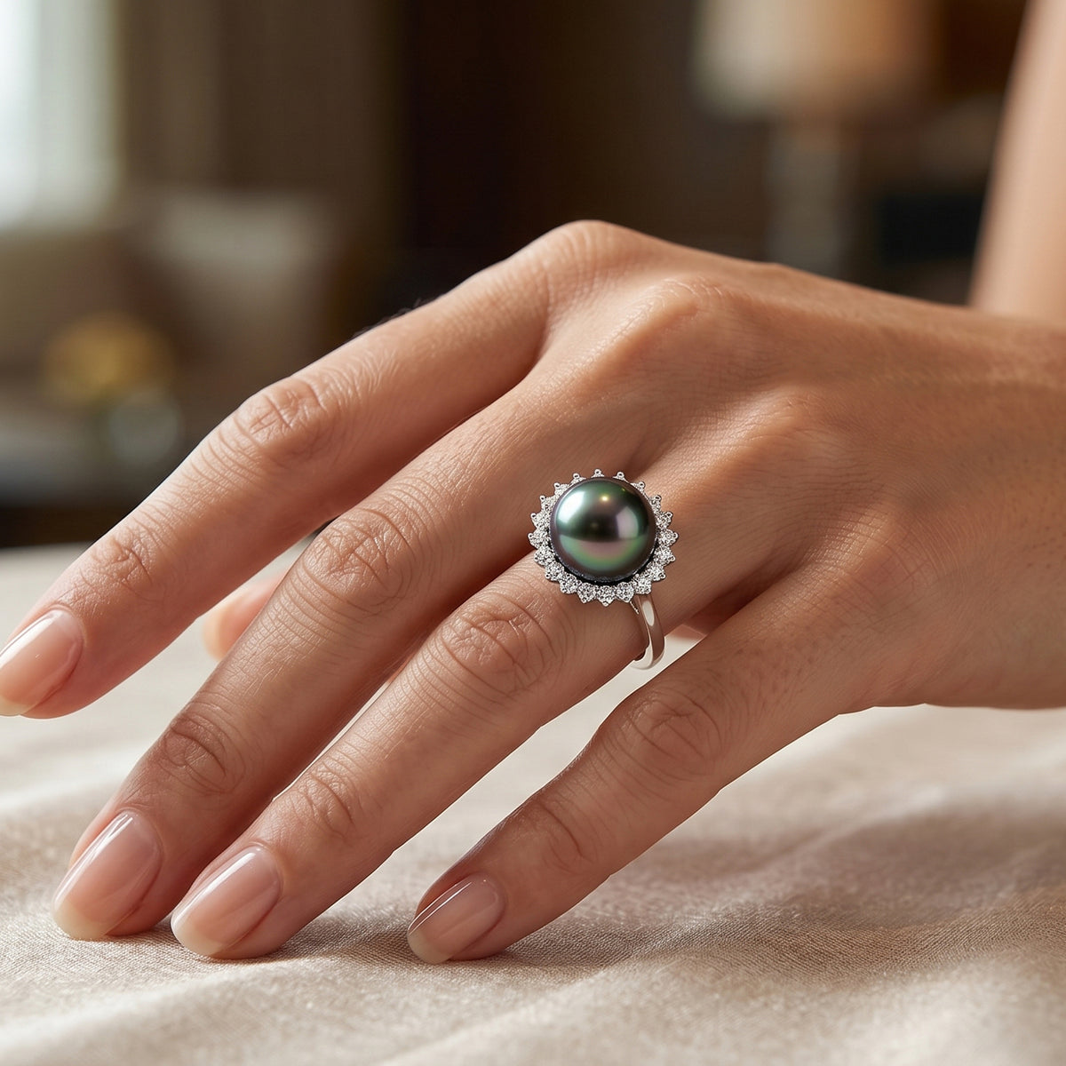 D'Joy - Tahitian Pearl (10-11mm) &amp; Lab Grown Diamond Halo Ring in Rhodium Overlay Sterling Silver 8.10 Ct. V32601589 3