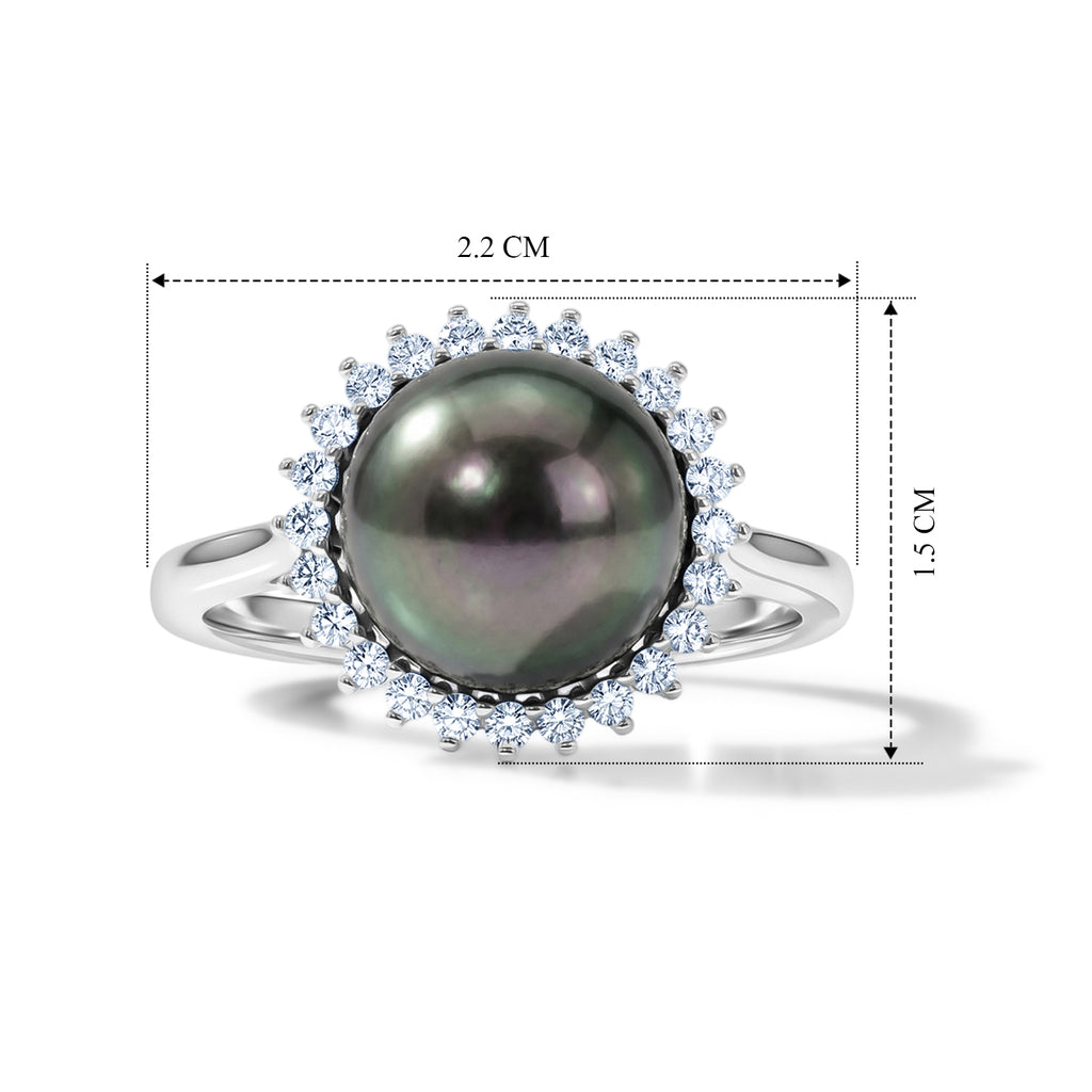 D'Joy - Tahitian Pearl (10-11mm) & Lab Grown Diamond Halo Ring in Rhodium Overlay Sterling Silver 8.10 Ct._8622316_5