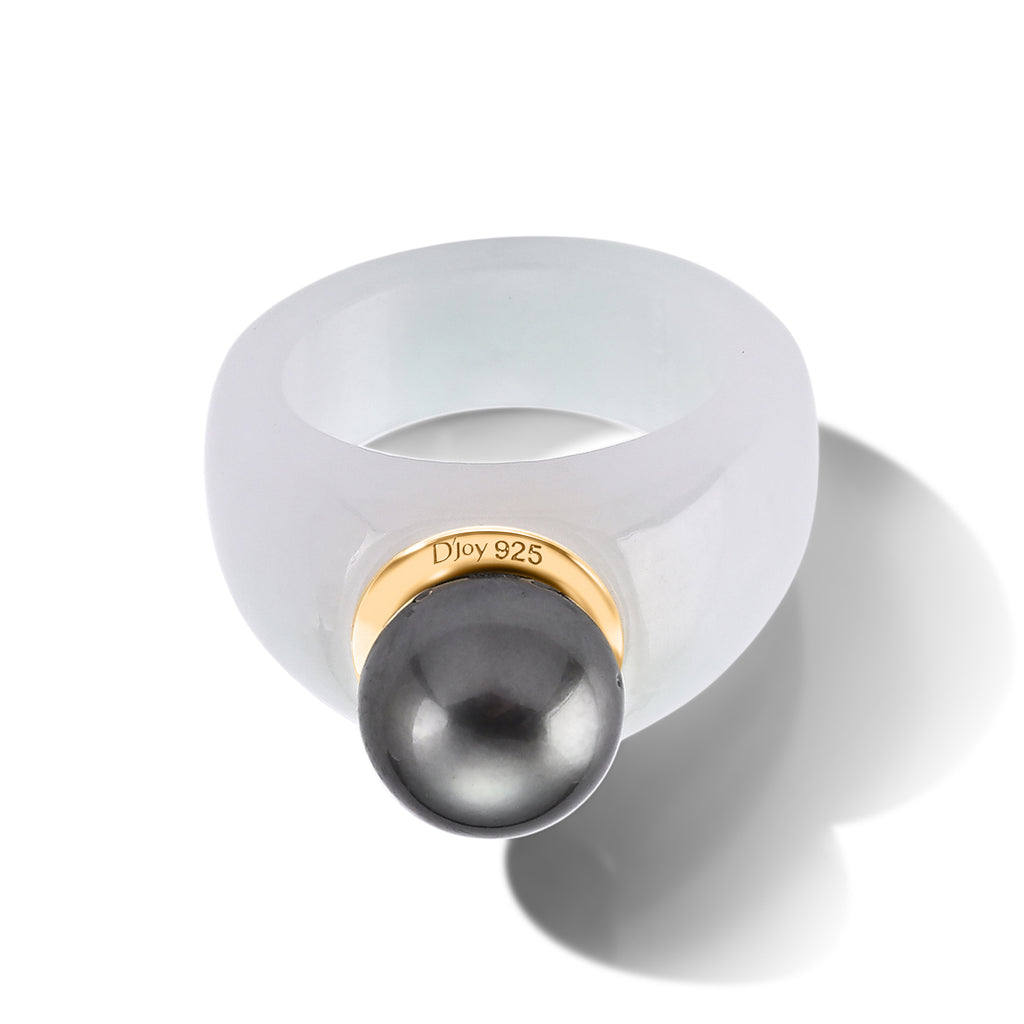 D'Joy - Tahitian Pearl (10-11mm) & Natural White Jadeite Band Ring in Yellow Gold Plated Sterling Silver 47.50 Ct._8622391