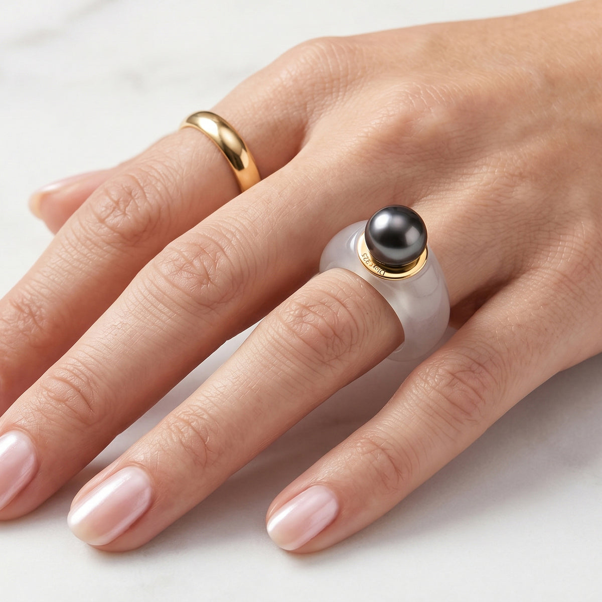 D'Joy - Tahitian Pearl (10-11mm) &amp; Natural White Jadeite Band Ring in Yellow Gold Plated Sterling Silver 47.50 Ct. V32597364 3