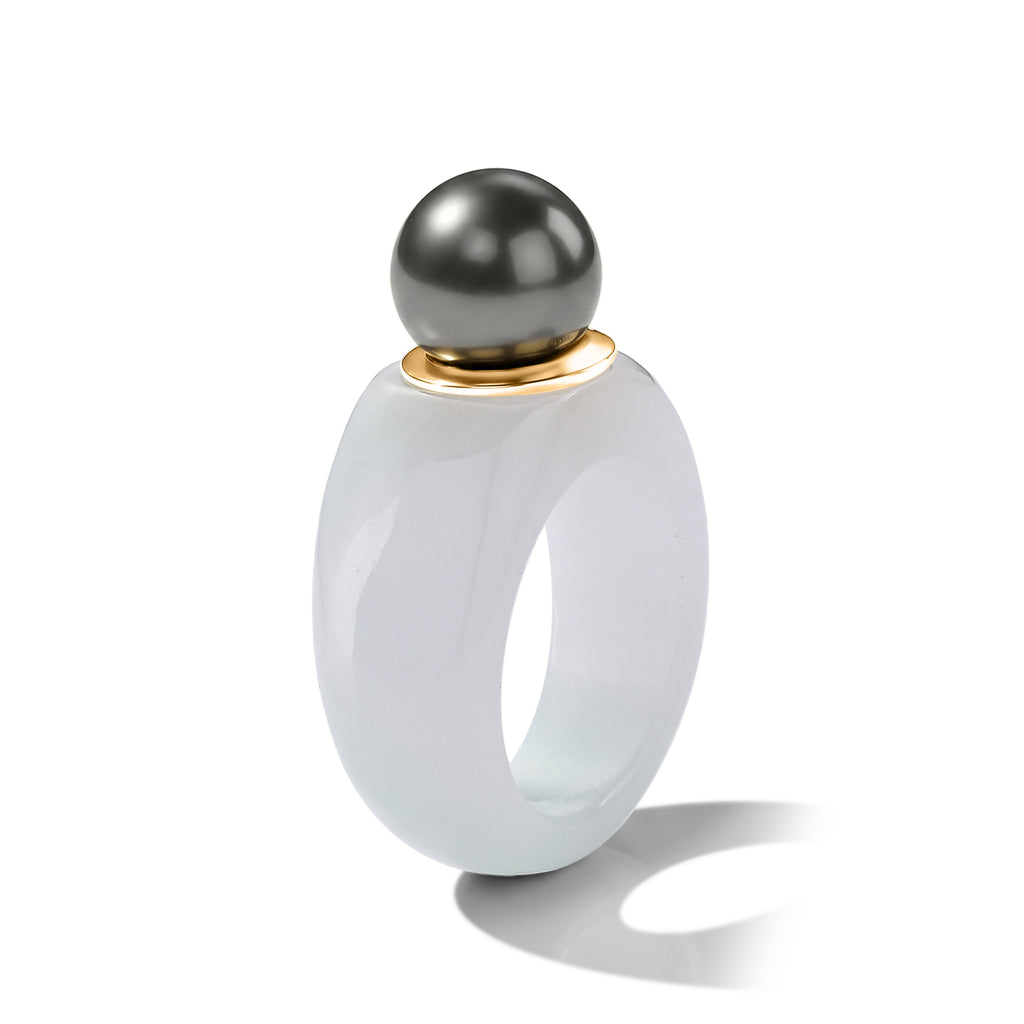 D'Joy - Tahitian Pearl (10-11mm) & Natural White Jadeite Band Ring in Yellow Gold Plated Sterling Silver 47.50 Ct._8622391_3