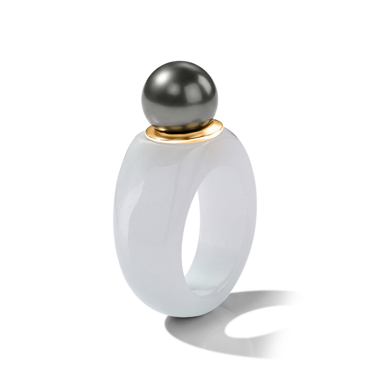 D'Joy - Tahitian Pearl (10-11mm) &amp; Natural White Jadeite Band Ring in Yellow Gold Plated Sterling Silver 47.50 Ct. V32597364 4