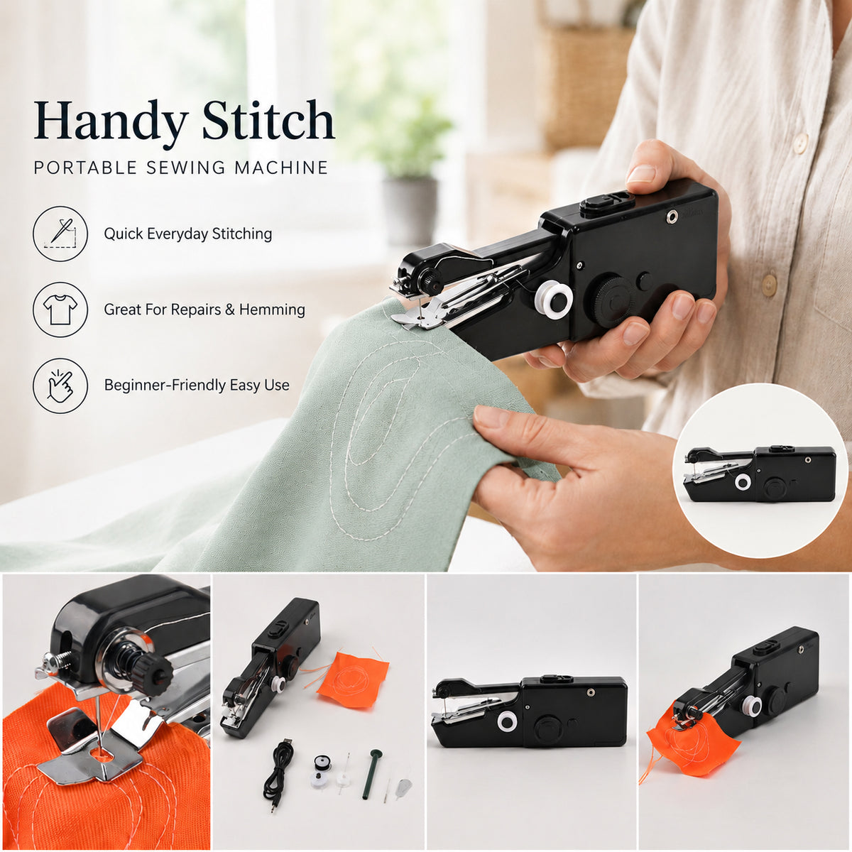Portable Handheld Mini Electric Sewing Machine Kit with Thread &amp; Scissors Set (USB &amp; Battery Powered) 8622421 3